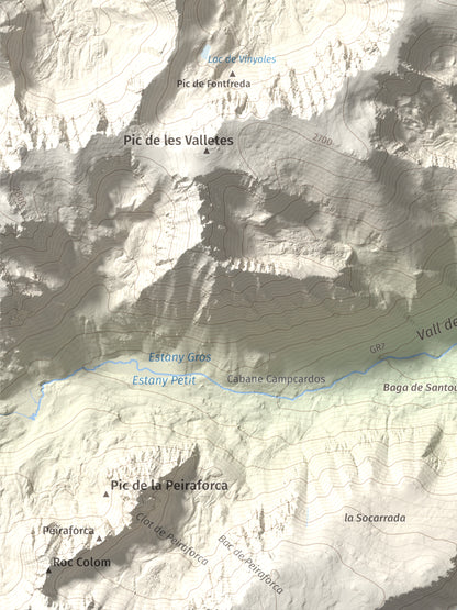 Mapa de relieve de Pic de Font Freda, 2738 m, Cerdanya Nord, lámina 100 Cims de Trobart. Detalle de la zona inferior izquierda. 30 × 40 cm.