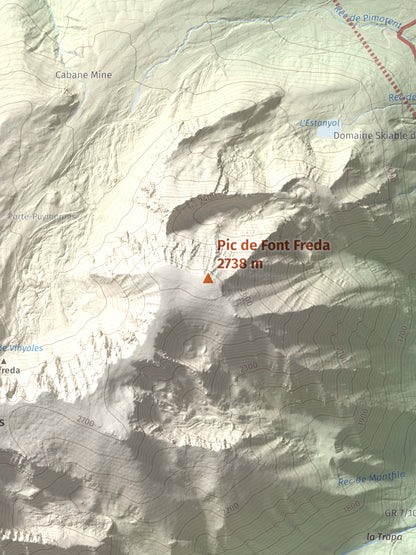 Mapa de relieve de Pic de Font Freda, 2738 m, Cerdanya Nord, lámina 100 Cims de Trobart. Detalle de la zona central. 30 × 40 cm.