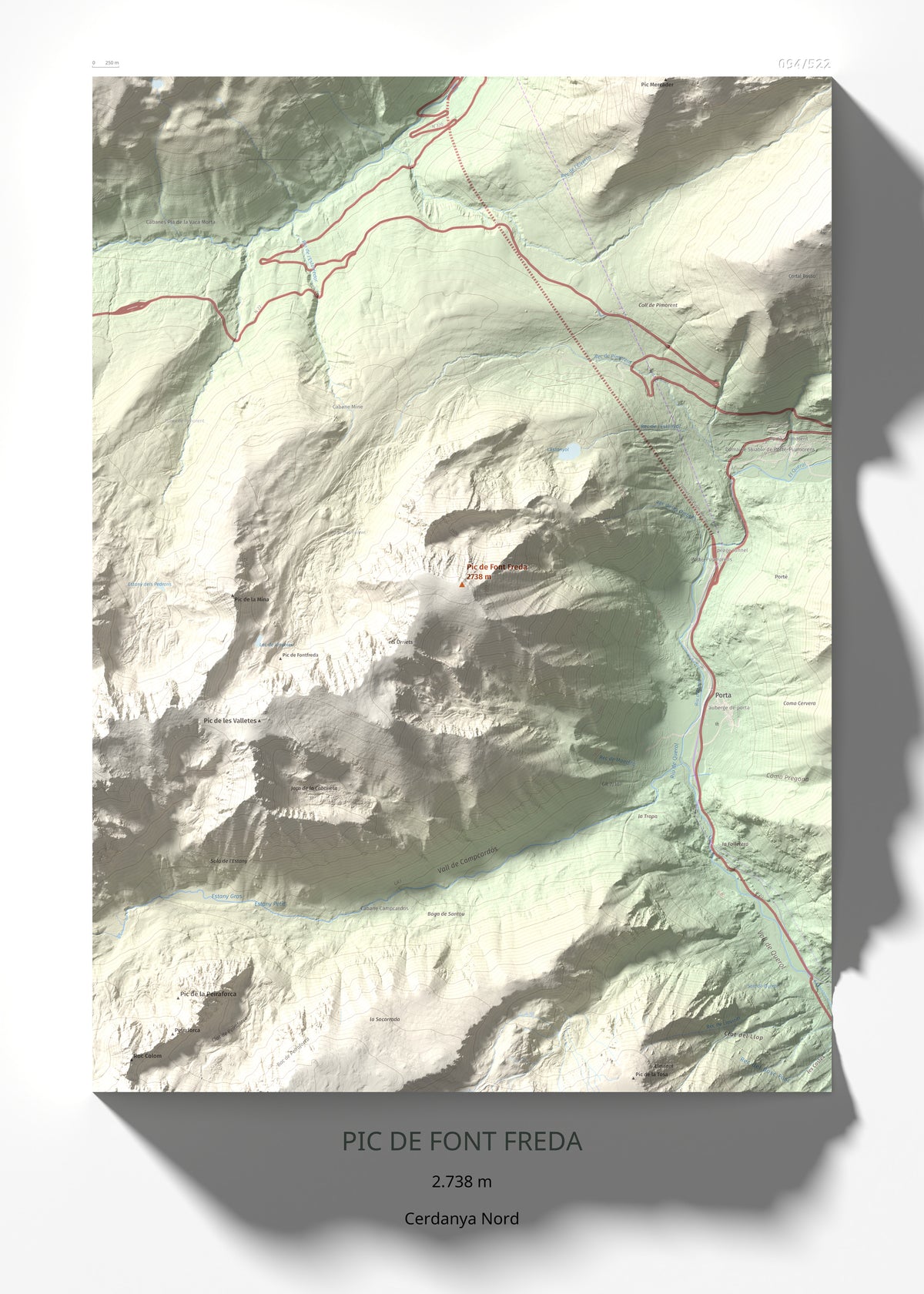Mapa de relieve de Pic de Font Freda, 2738 m, Cerdanya Nord, lámina 100 Cims de Trobart 50 × 70 cm.