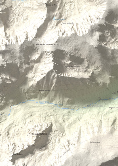 Mapa de relieve de Pic de Font Freda, 2738 m, Cerdanya Nord, lámina 100 Cims de Trobart. Detalle de la zona inferior izquierda. 50 × 70 cm.