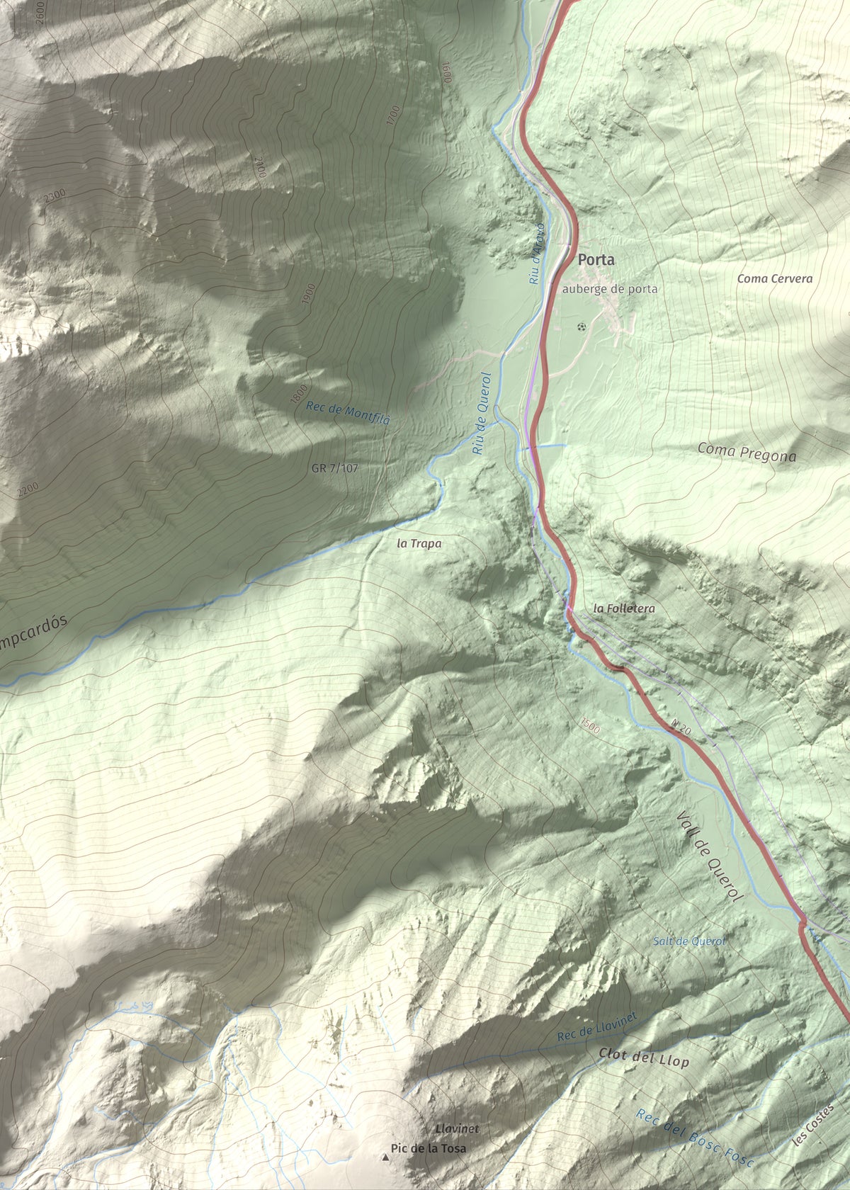 Mapa de relieve de Pic de Font Freda, 2738 m, Cerdanya Nord, lámina 100 Cims de Trobart. Detalle de la zona inferior derecha. 50 × 70 cm.
