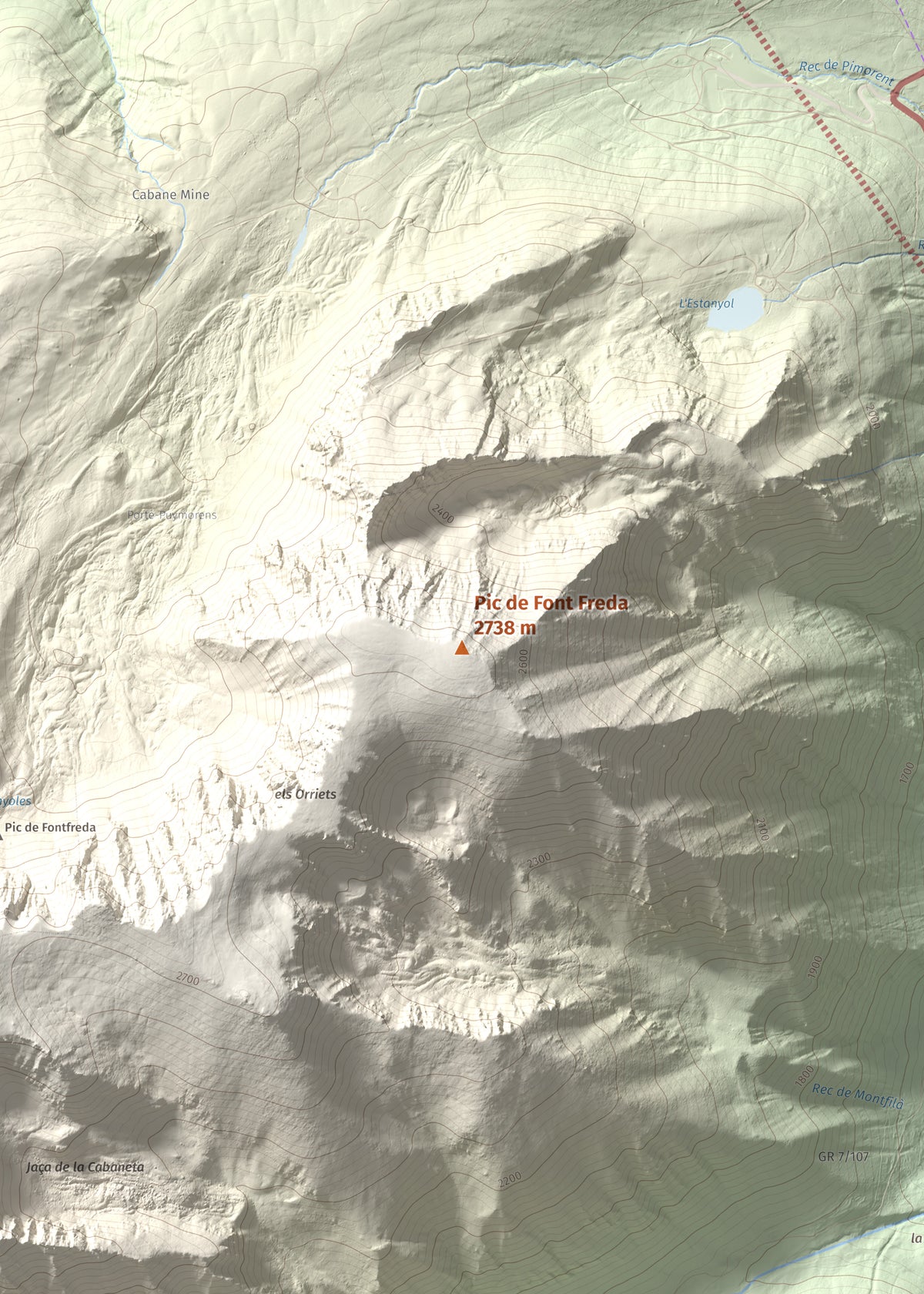 Mapa de relieve de Pic de Font Freda, 2738 m, Cerdanya Nord, lámina 100 Cims de Trobart. Detalle de la zona central. 50 × 70 cm.