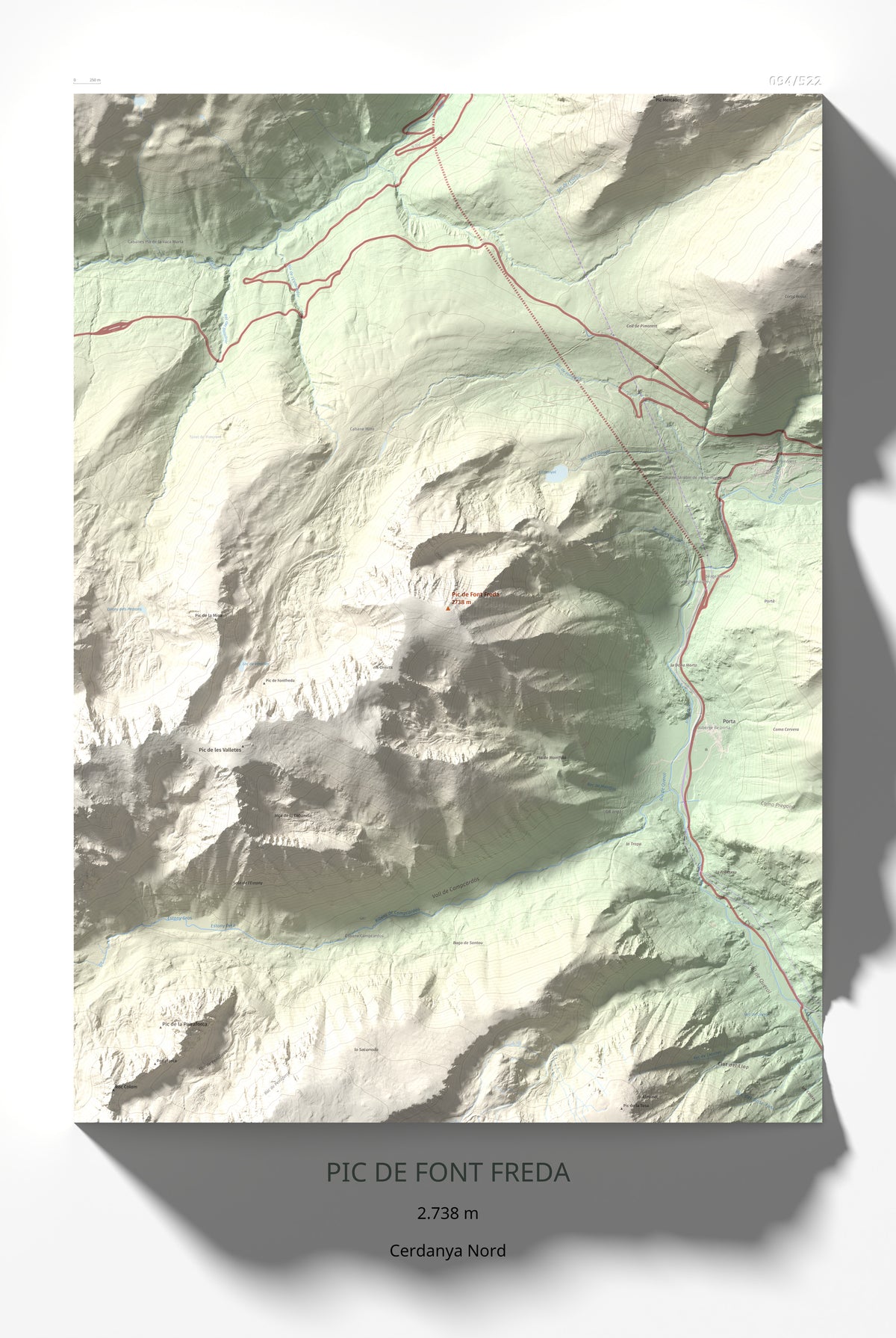 Mapa de relieve de Pic de Font Freda, 2738 m, Cerdanya Nord, lámina 100 Cims de Trobart 61 × 91 cm.