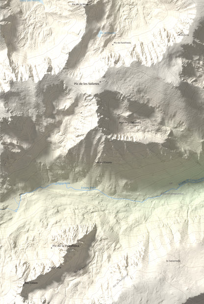 Mapa de relieve de Pic de Font Freda, 2738 m, Cerdanya Nord, lámina 100 Cims de Trobart. Detalle de la zona inferior izquierda. 61 × 91 cm.
