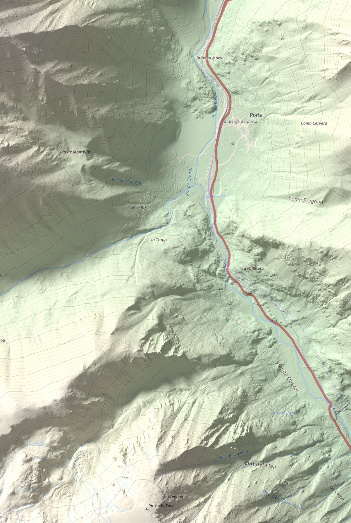 Mapa de relieve de Pic de Font Freda, 2738 m, Cerdanya Nord, lámina 100 Cims de Trobart. Detalle de la zona inferior derecha. 61 × 91 cm.