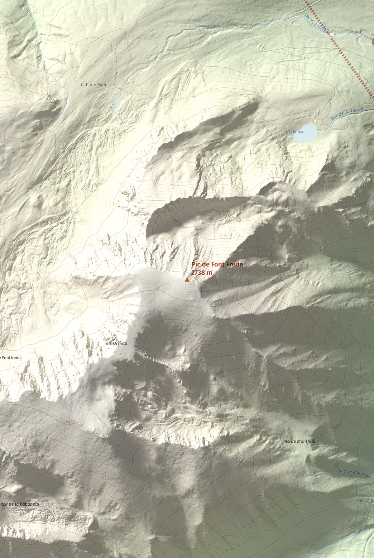 Mapa de relieve de Pic de Font Freda, 2738 m, Cerdanya Nord, lámina 100 Cims de Trobart. Detalle de la zona central. 61 × 91 cm.