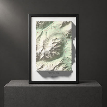 Mapa de relieve de Pic de Font Freda, 2738 m, Cerdanya Nord, lámina 100 Cims de Trobart. Presentación enmarcada. 70 × 100 cm.