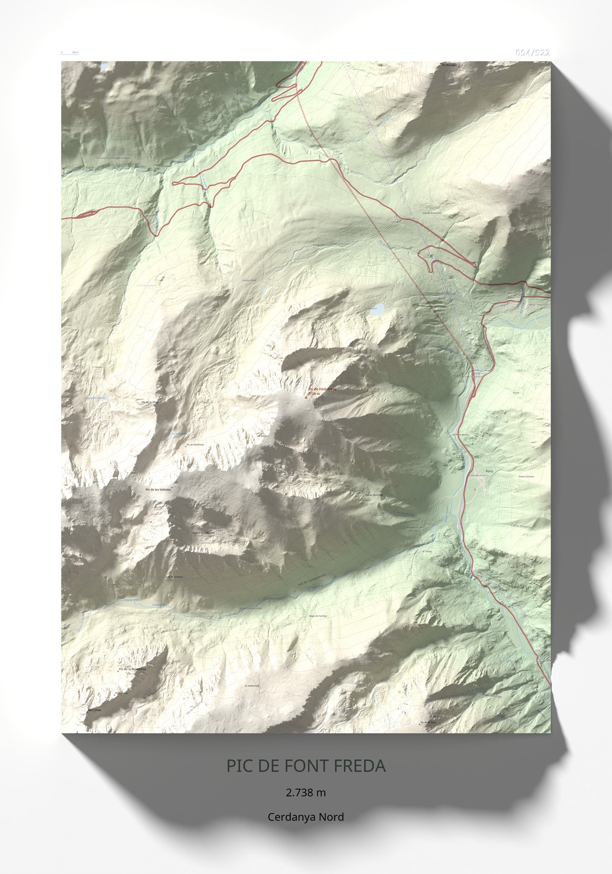 Mapa de relieve de Pic de Font Freda, 2738 m, Cerdanya Nord, lámina 100 Cims de Trobart 70 × 100 cm.
