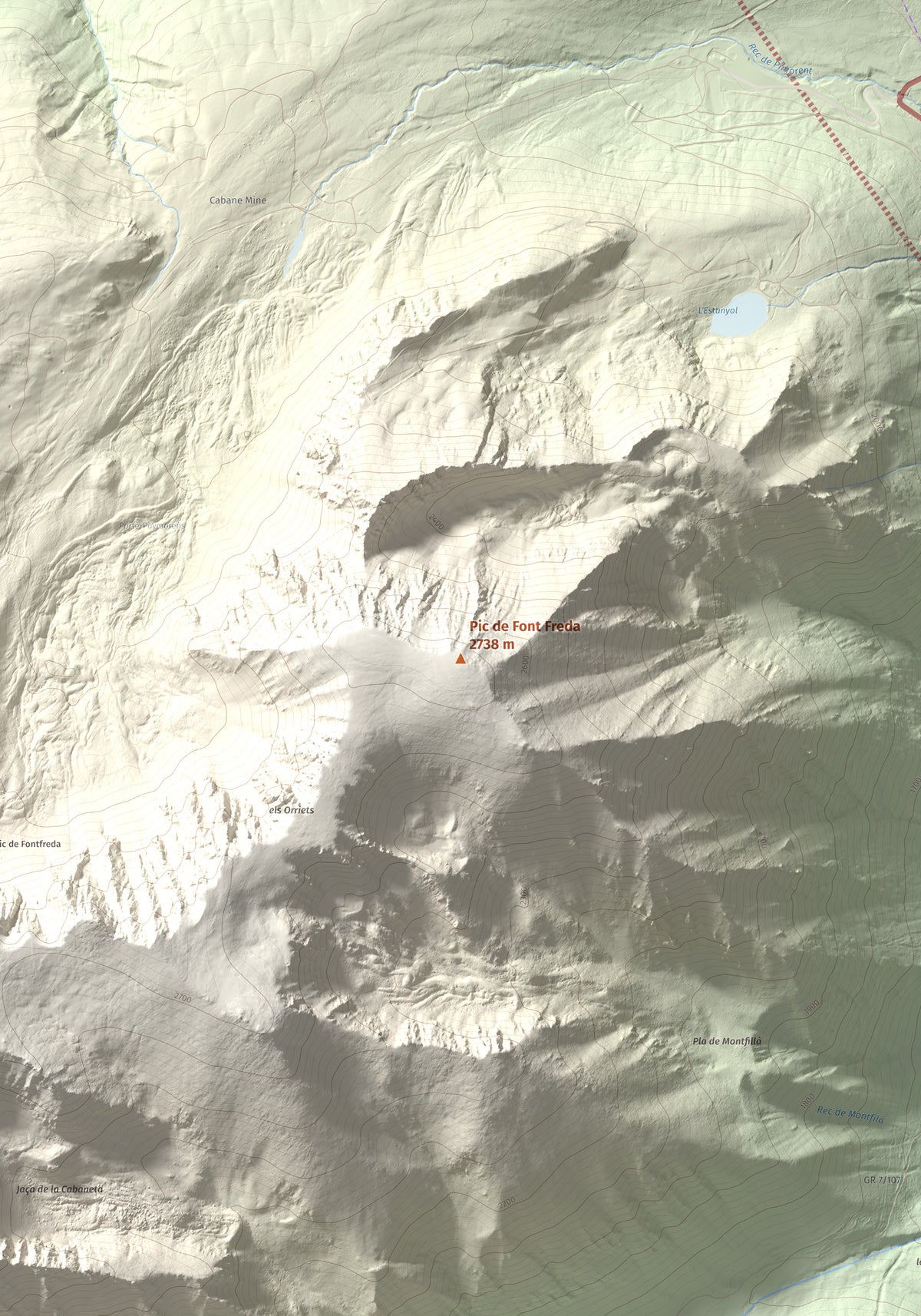 Mapa de relieve de Pic de Font Freda, 2738 m, Cerdanya Nord, lámina 100 Cims de Trobart. Detalle de la zona central. 70 × 100 cm.