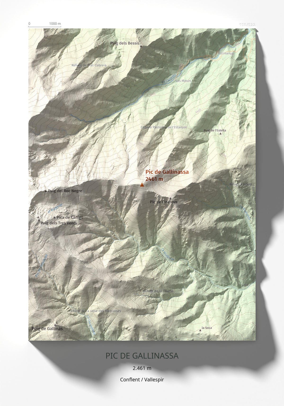 Mapa de relieve de Pic de Gallinassa, 2461 m, Conflent · Vallespir, lámina 100 Cims de Trobart 21 × 30 cm.