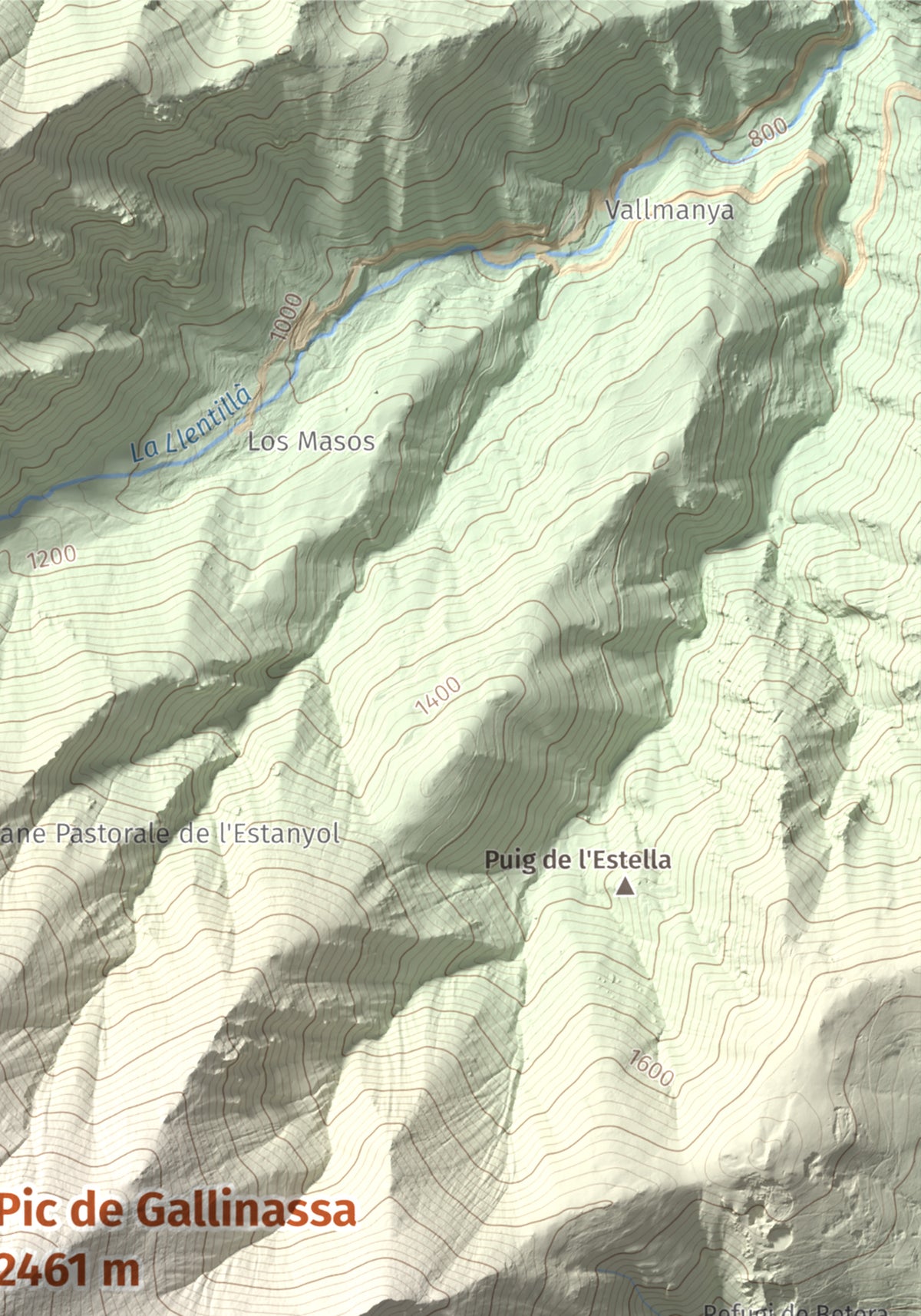 Mapa de relieve de Pic de Gallinassa, 2461 m, Conflent · Vallespir, lámina 100 Cims de Trobart. Detalle de la zona superior derecha. 21 × 30 cm.