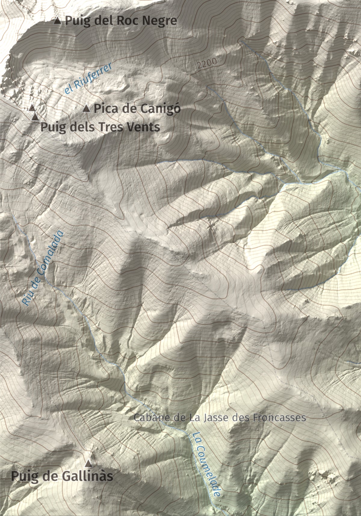 Mapa de relieve de Pic de Gallinassa, 2461 m, Conflent · Vallespir, lámina 100 Cims de Trobart. Detalle de la zona inferior izquierda. 21 × 30 cm.