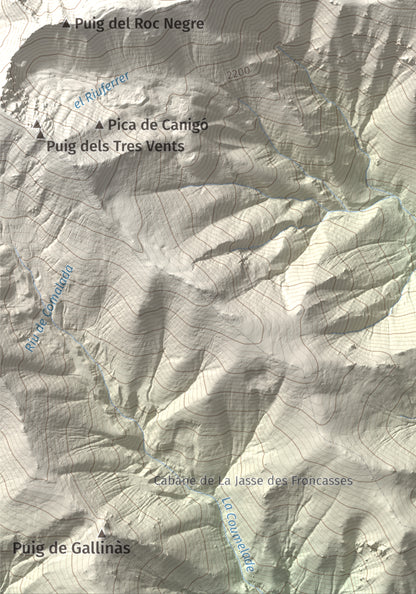 Mapa de relieve de Pic de Gallinassa, 2461 m, Conflent · Vallespir, lámina 100 Cims de Trobart. Detalle de la zona inferior izquierda. 21 × 30 cm.