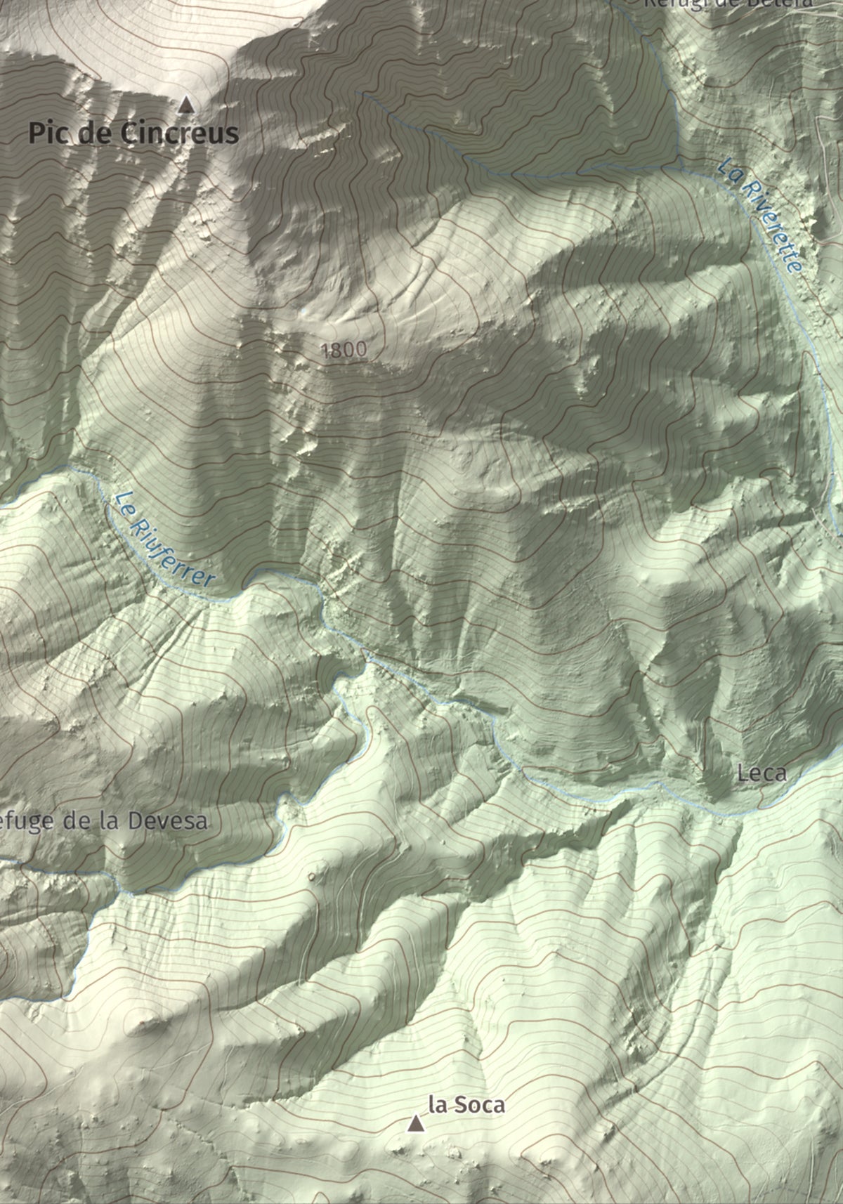 Mapa de relieve de Pic de Gallinassa, 2461 m, Conflent · Vallespir, lámina 100 Cims de Trobart. Detalle de la zona inferior derecha. 21 × 30 cm.