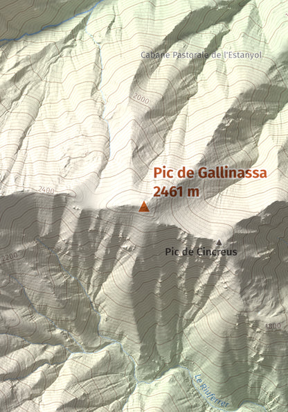 Mapa de relieve de Pic de Gallinassa, 2461 m, Conflent · Vallespir, lámina 100 Cims de Trobart. Detalle de la zona central. 21 × 30 cm.