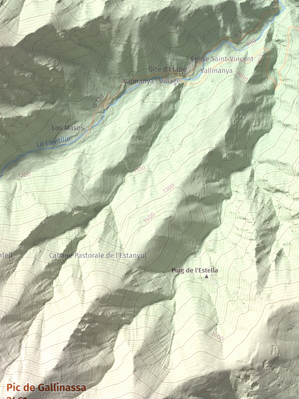 Mapa de relieve de Pic de Gallinassa, 2461 m, Conflent · Vallespir, lámina 100 Cims de Trobart. Detalle de la zona superior derecha. 30 × 40 cm.