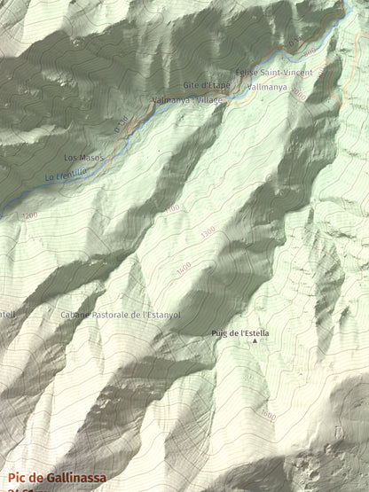 Mapa de relieve de Pic de Gallinassa, 2461 m, Conflent · Vallespir, lámina 100 Cims de Trobart. Detalle de la zona superior derecha. 30 × 40 cm.