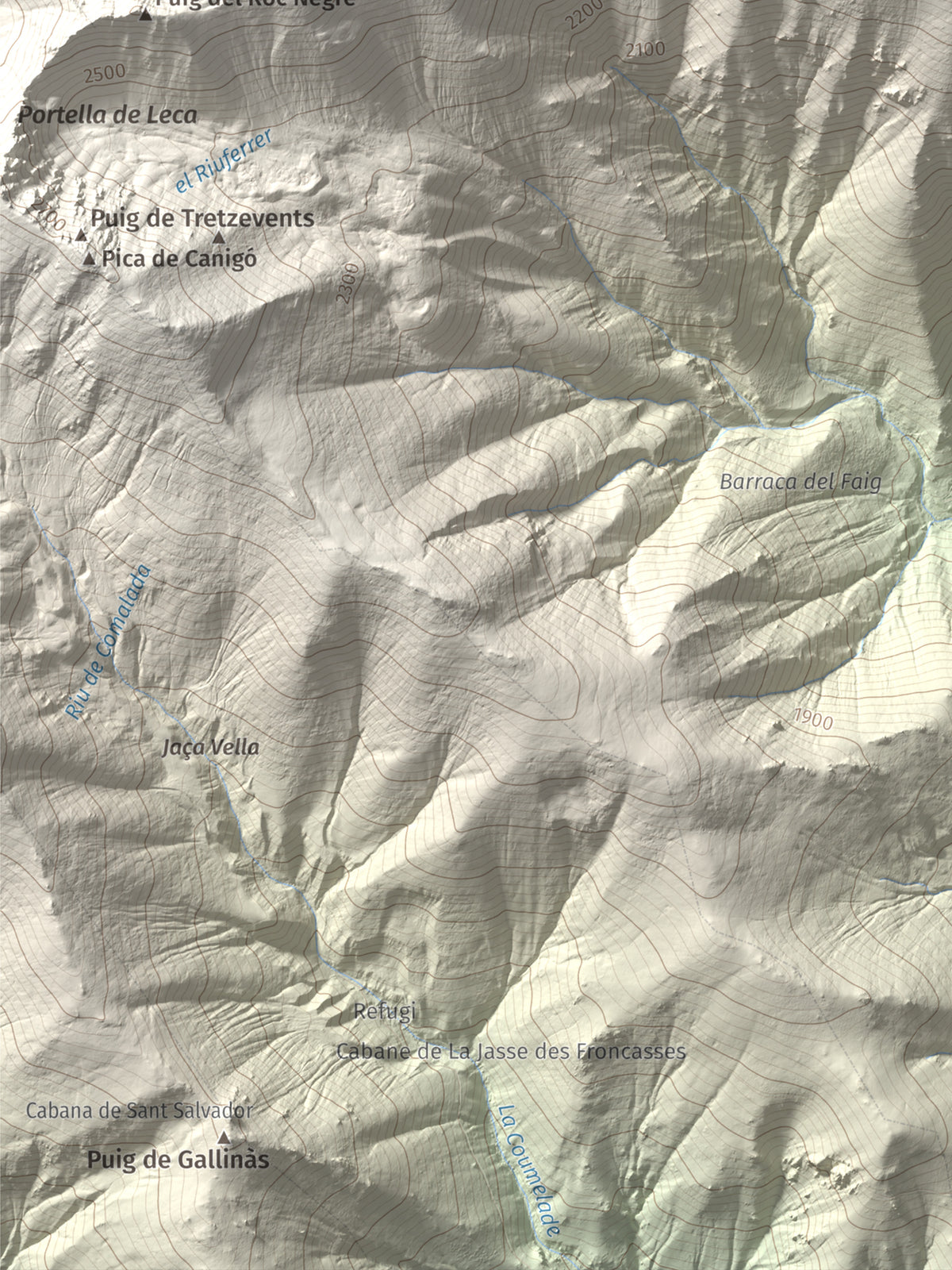 Mapa de relieve de Pic de Gallinassa, 2461 m, Conflent · Vallespir, lámina 100 Cims de Trobart. Detalle de la zona inferior izquierda. 30 × 40 cm.
