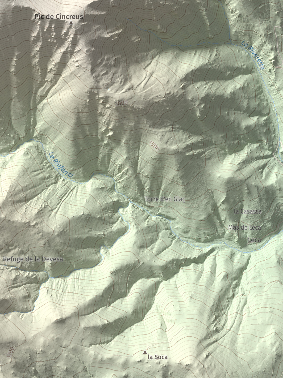 Mapa de relieve de Pic de Gallinassa, 2461 m, Conflent · Vallespir, lámina 100 Cims de Trobart. Detalle de la zona inferior derecha. 30 × 40 cm.