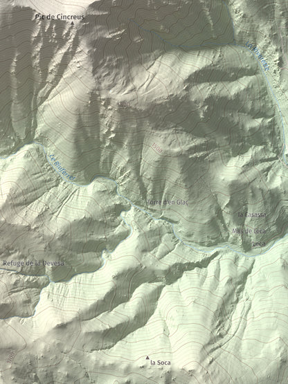 Mapa de relieve de Pic de Gallinassa, 2461 m, Conflent · Vallespir, lámina 100 Cims de Trobart. Detalle de la zona inferior derecha. 30 × 40 cm.