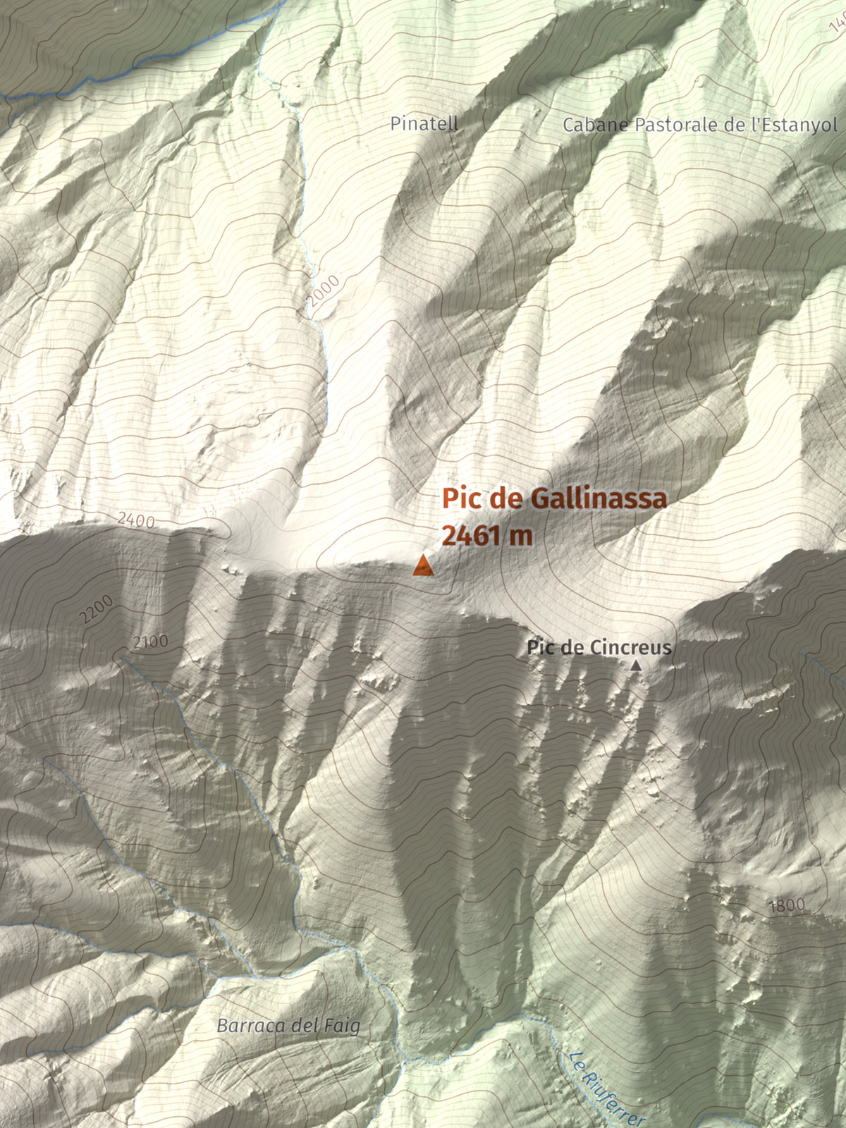 Mapa de relieve de Pic de Gallinassa, 2461 m, Conflent · Vallespir, lámina 100 Cims de Trobart. Detalle de la zona central. 30 × 40 cm.