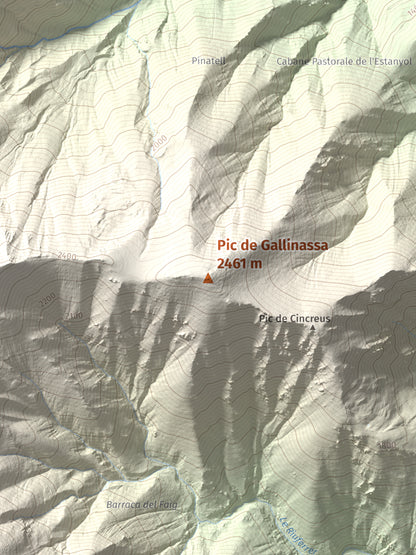 Mapa de relieve de Pic de Gallinassa, 2461 m, Conflent · Vallespir, lámina 100 Cims de Trobart. Detalle de la zona central. 30 × 40 cm.