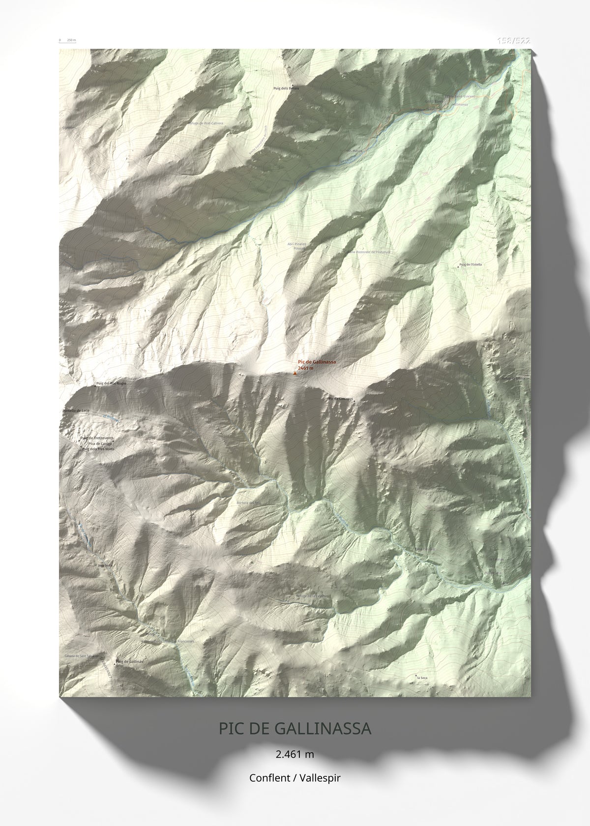 Mapa de relieve de Pic de Gallinassa, 2461 m, Conflent · Vallespir, lámina 100 Cims de Trobart 50 × 70 cm.