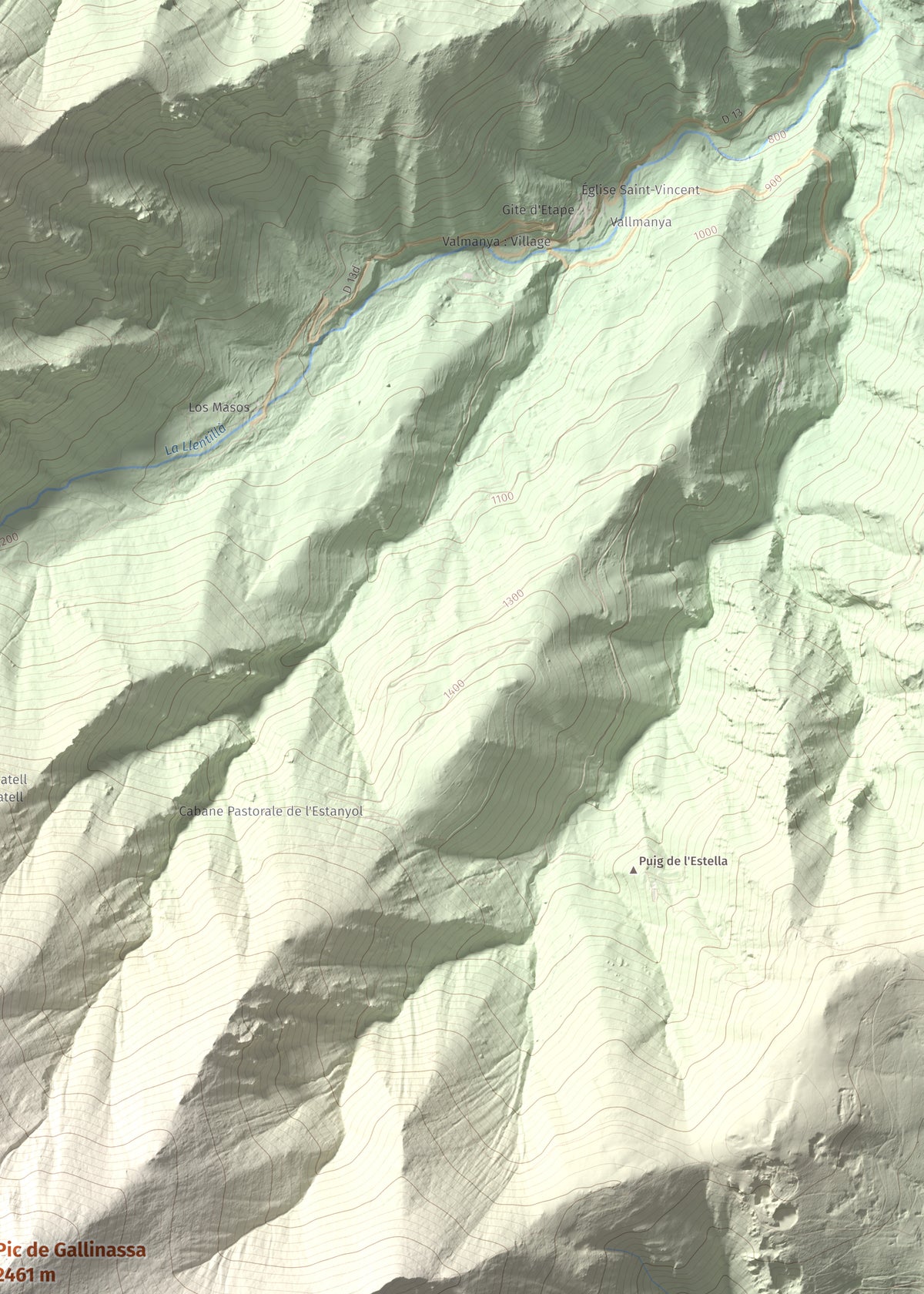 Mapa de relieve de Pic de Gallinassa, 2461 m, Conflent · Vallespir, lámina 100 Cims de Trobart. Detalle de la zona superior derecha. 50 × 70 cm.