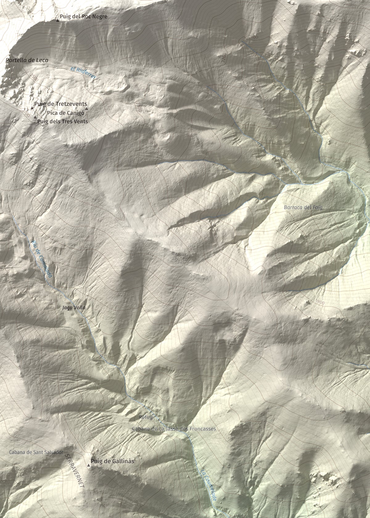 Mapa de relieve de Pic de Gallinassa, 2461 m, Conflent · Vallespir, lámina 100 Cims de Trobart. Detalle de la zona inferior izquierda. 50 × 70 cm.