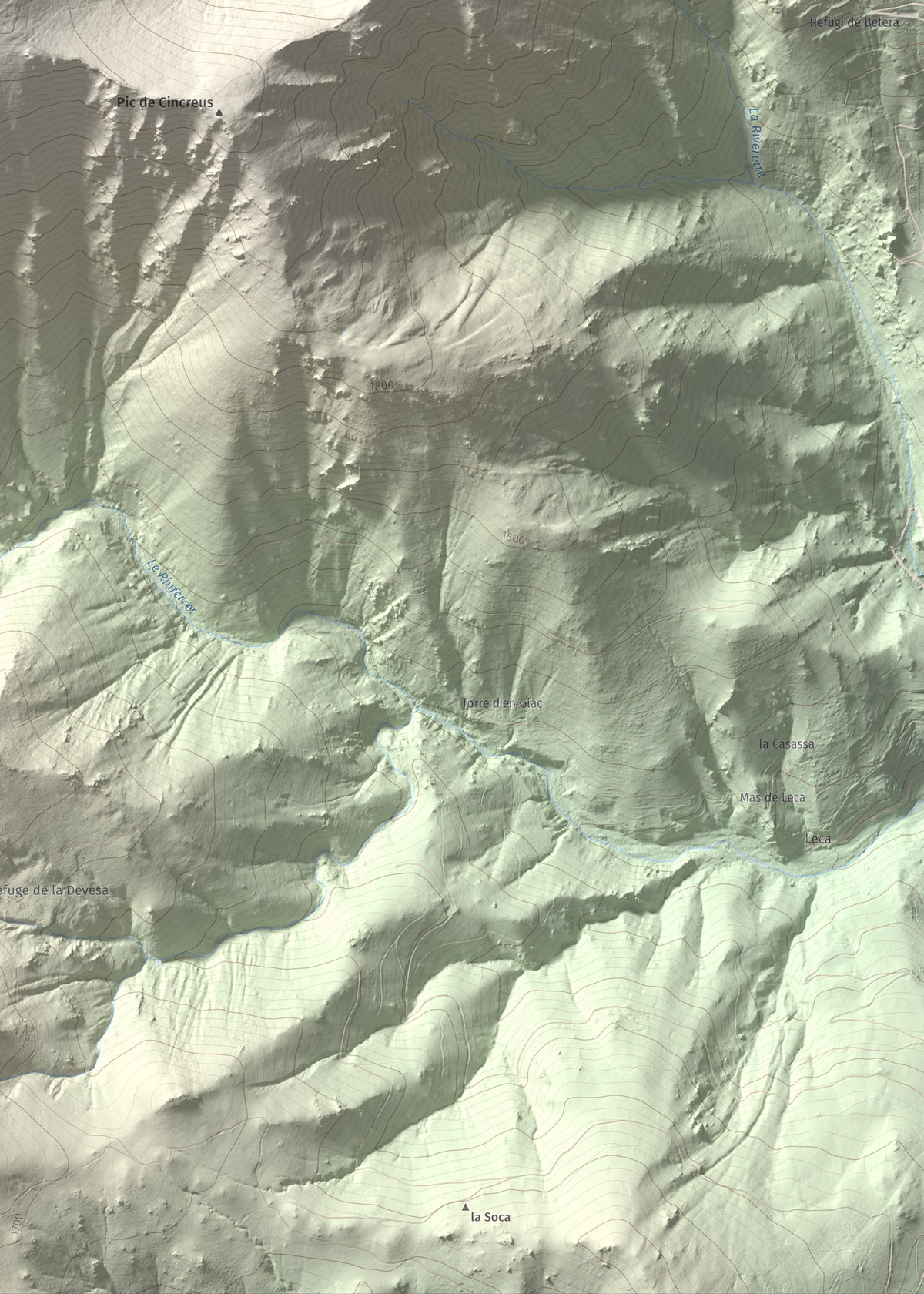 Mapa de relieve de Pic de Gallinassa, 2461 m, Conflent · Vallespir, lámina 100 Cims de Trobart. Detalle de la zona inferior derecha. 50 × 70 cm.