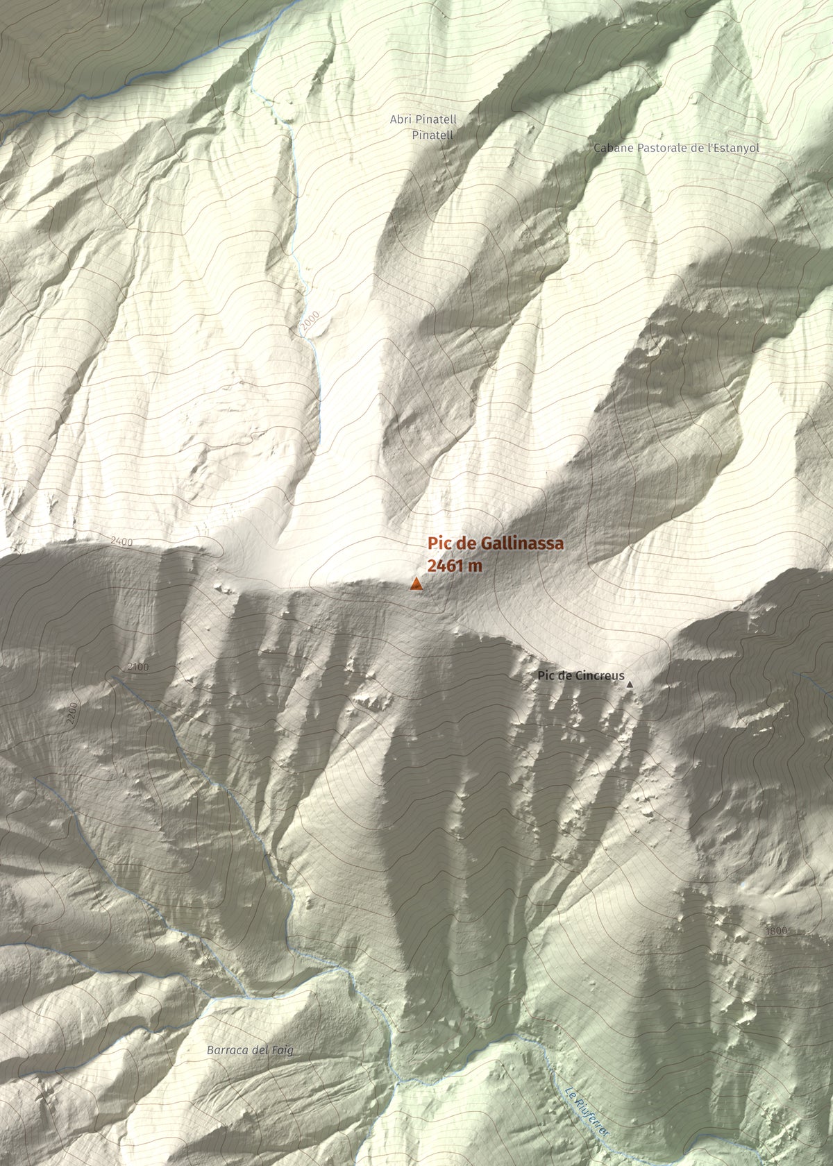 Mapa de relieve de Pic de Gallinassa, 2461 m, Conflent · Vallespir, lámina 100 Cims de Trobart. Detalle de la zona central. 50 × 70 cm.