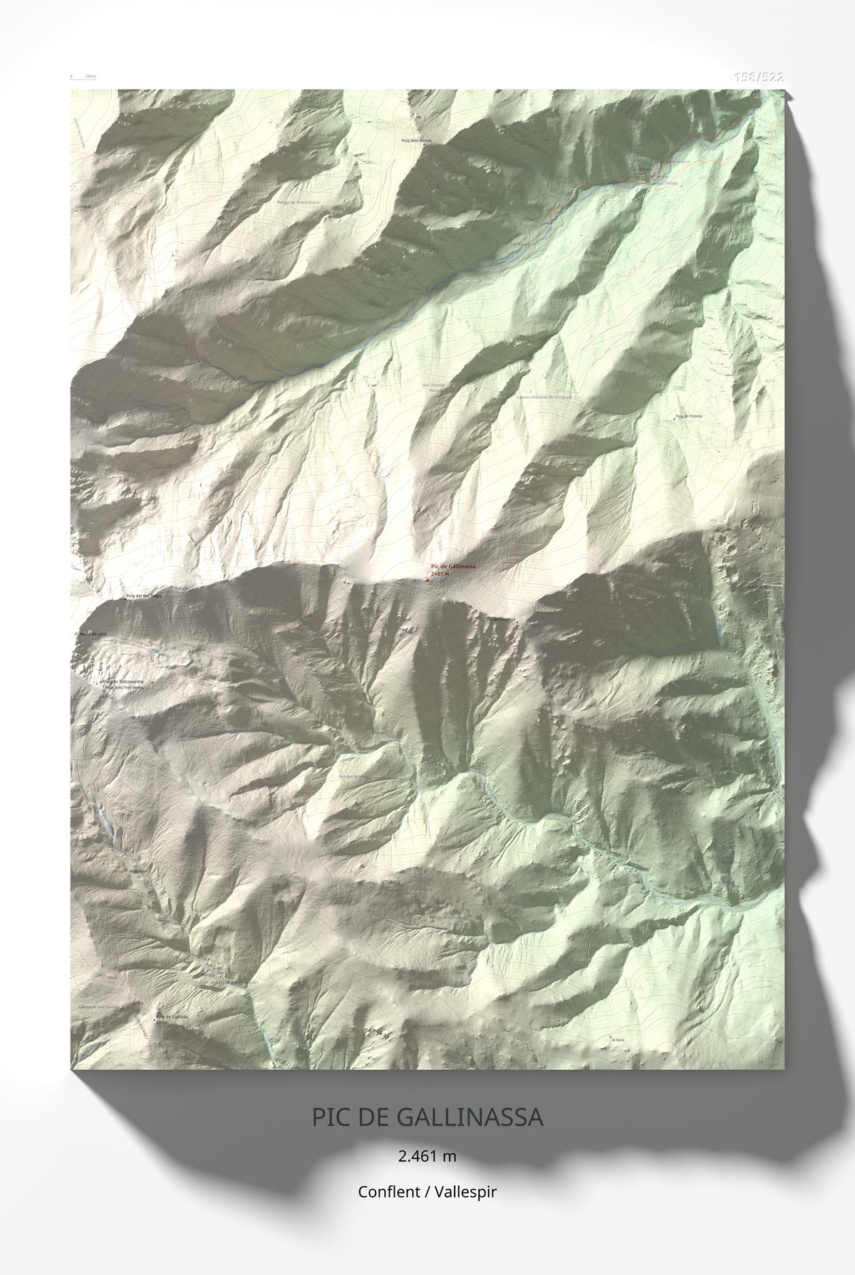 Mapa de relieve de Pic de Gallinassa, 2461 m, Conflent · Vallespir, lámina 100 Cims de Trobart 61 × 91 cm.