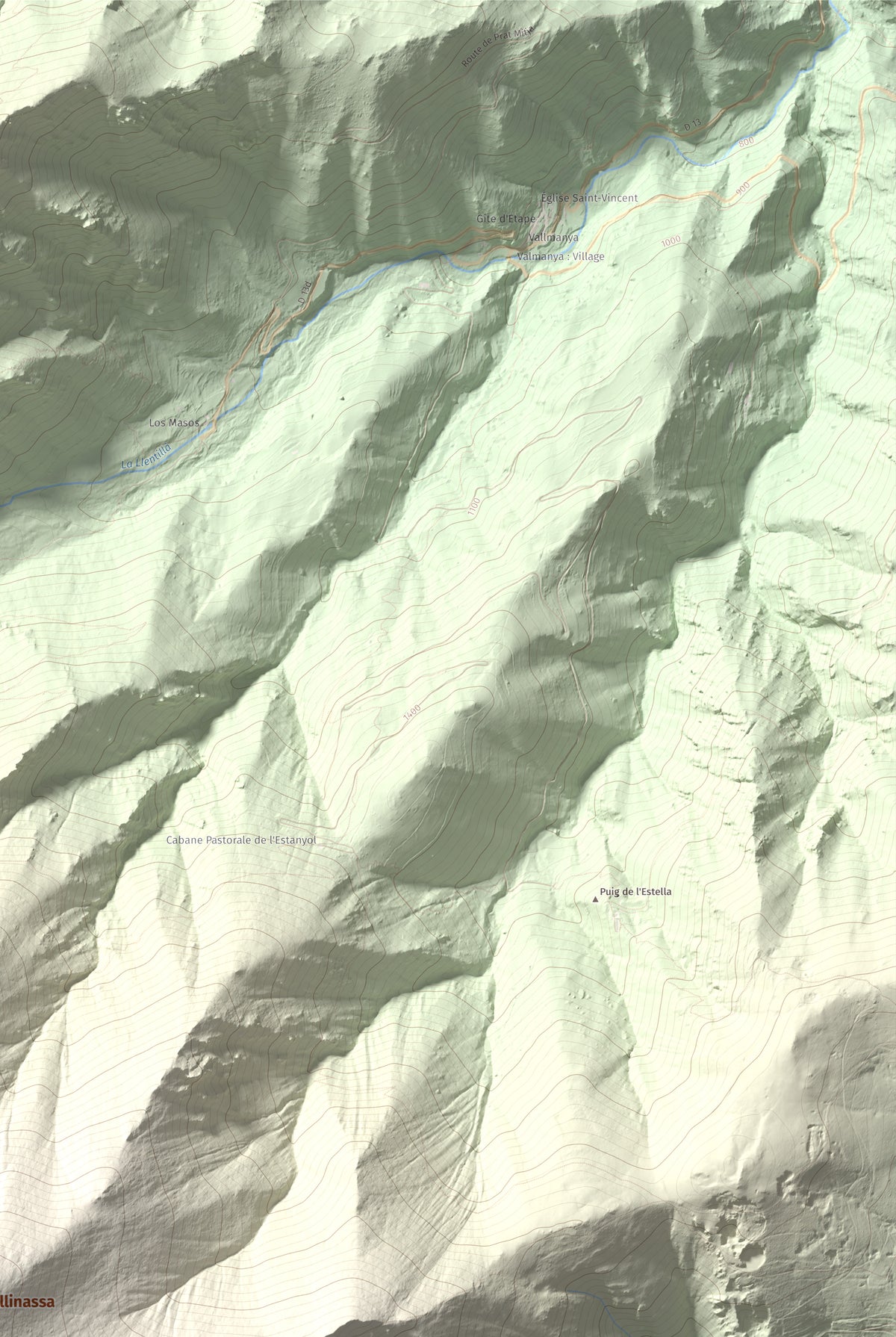 Mapa de relieve de Pic de Gallinassa, 2461 m, Conflent · Vallespir, lámina 100 Cims de Trobart. Detalle de la zona superior derecha. 61 × 91 cm.