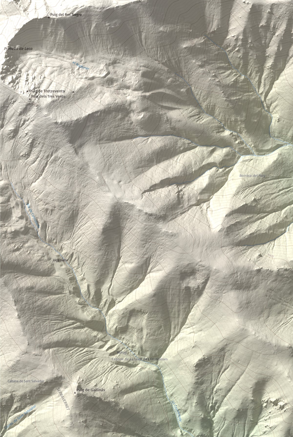 Mapa de relieve de Pic de Gallinassa, 2461 m, Conflent · Vallespir, lámina 100 Cims de Trobart. Detalle de la zona inferior izquierda. 61 × 91 cm.