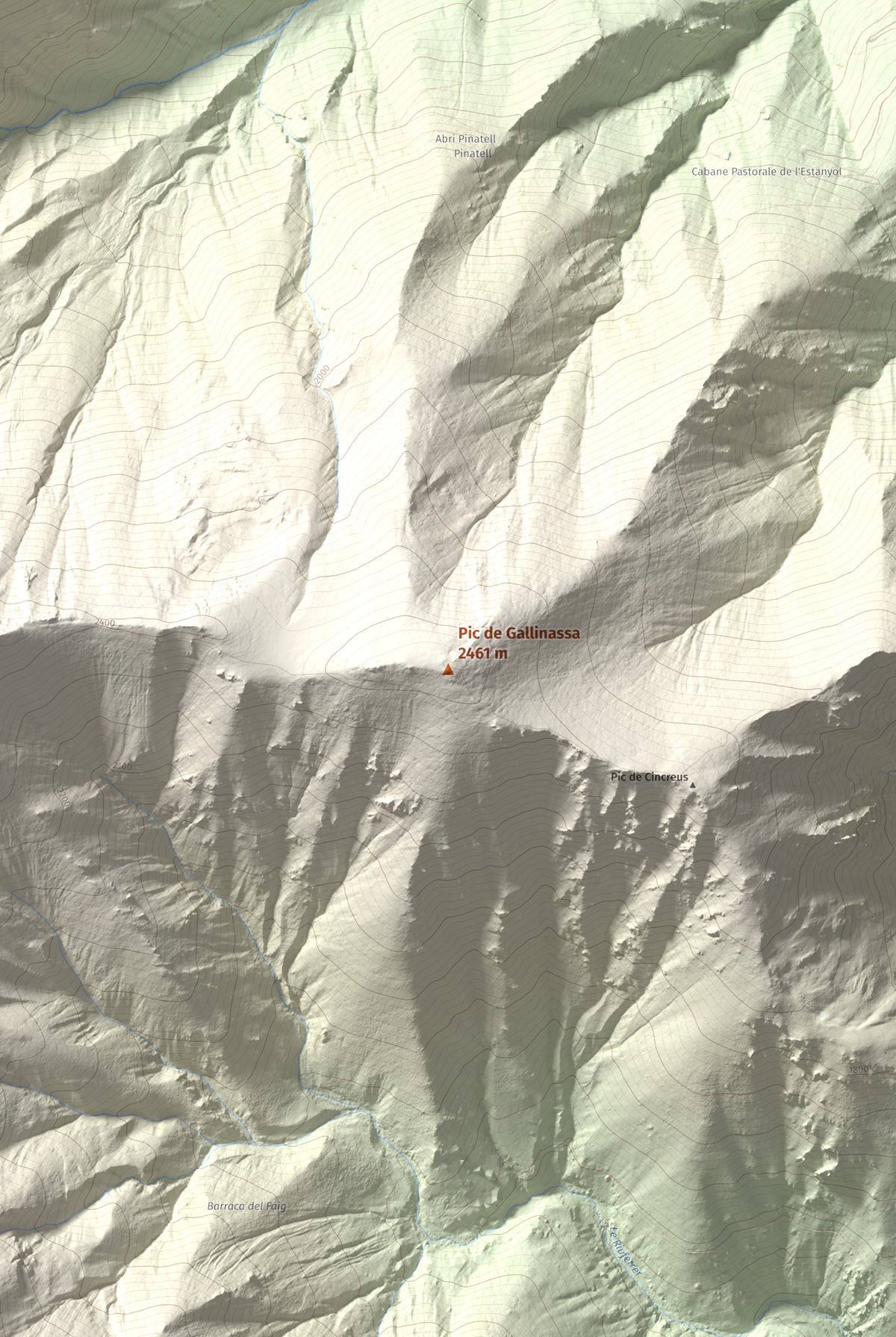 Mapa de relieve de Pic de Gallinassa, 2461 m, Conflent · Vallespir, lámina 100 Cims de Trobart. Detalle de la zona central. 61 × 91 cm.