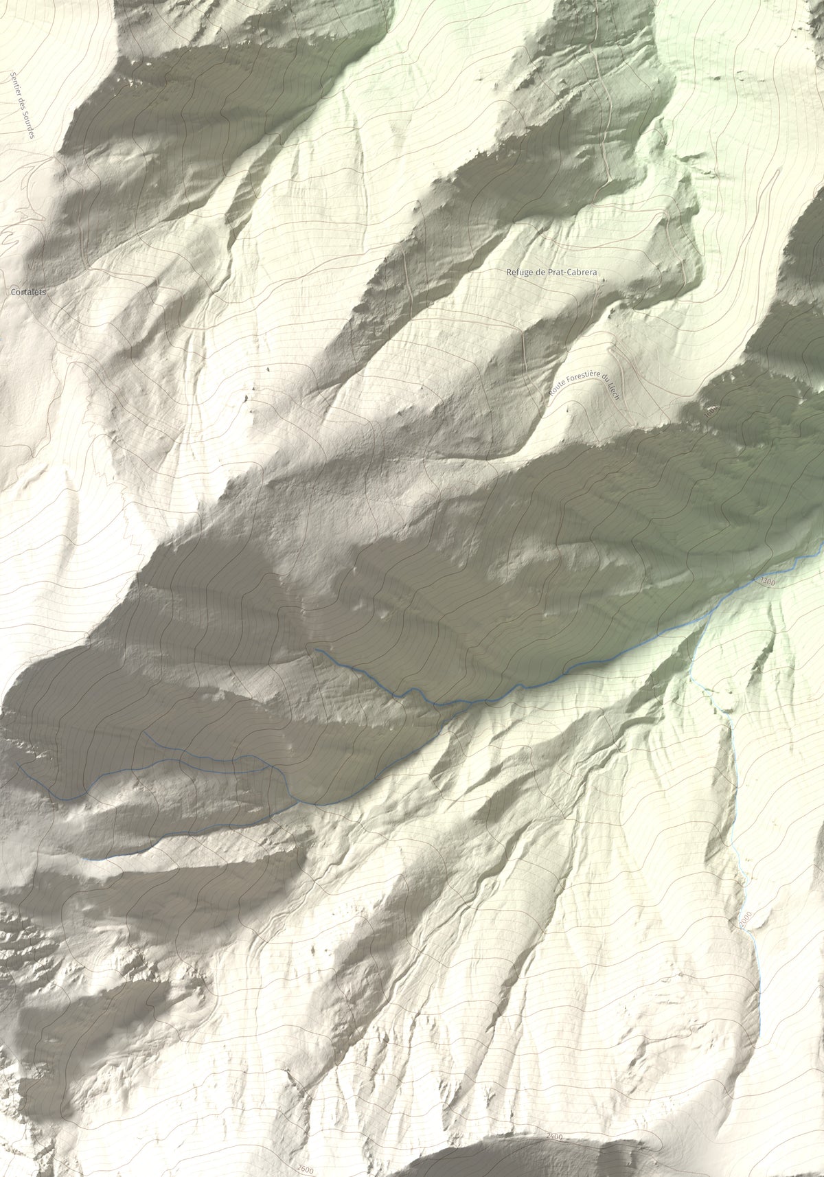 Mapa de relieve de Pic de Gallinassa, 2461 m, Conflent · Vallespir, lámina 100 Cims de Trobart. Detalle de la zona superior izquierda. 70 × 100 cm.