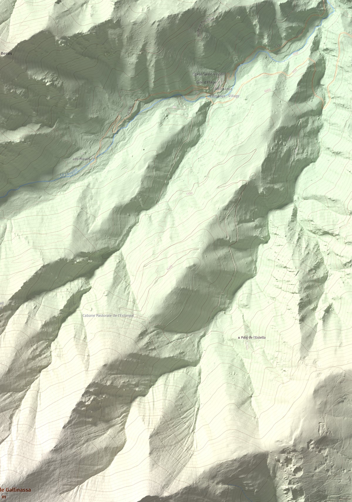 Mapa de relieve de Pic de Gallinassa, 2461 m, Conflent · Vallespir, lámina 100 Cims de Trobart. Detalle de la zona superior derecha. 70 × 100 cm.