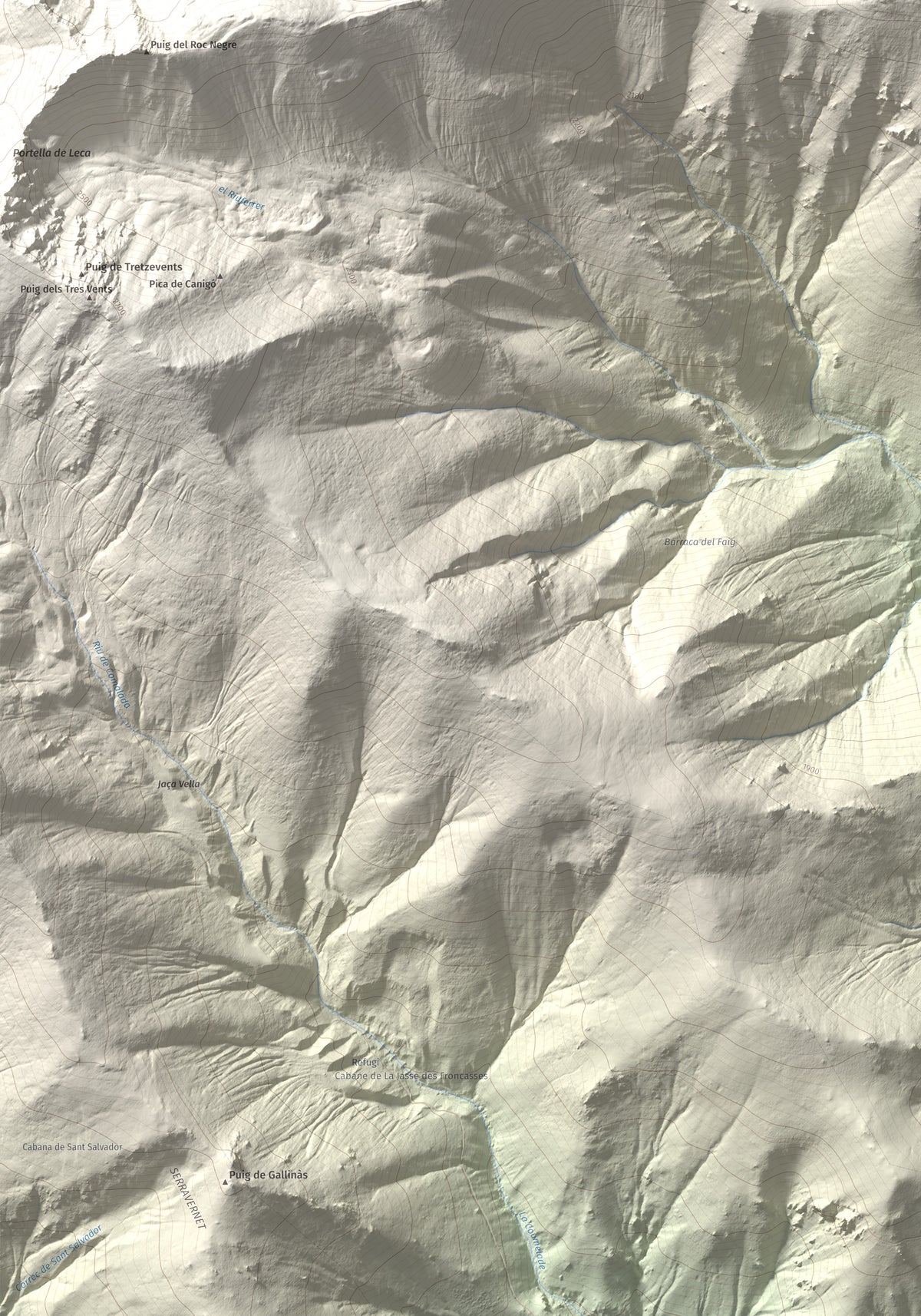 Mapa de relieve de Pic de Gallinassa, 2461 m, Conflent · Vallespir, lámina 100 Cims de Trobart. Detalle de la zona inferior izquierda. 70 × 100 cm.