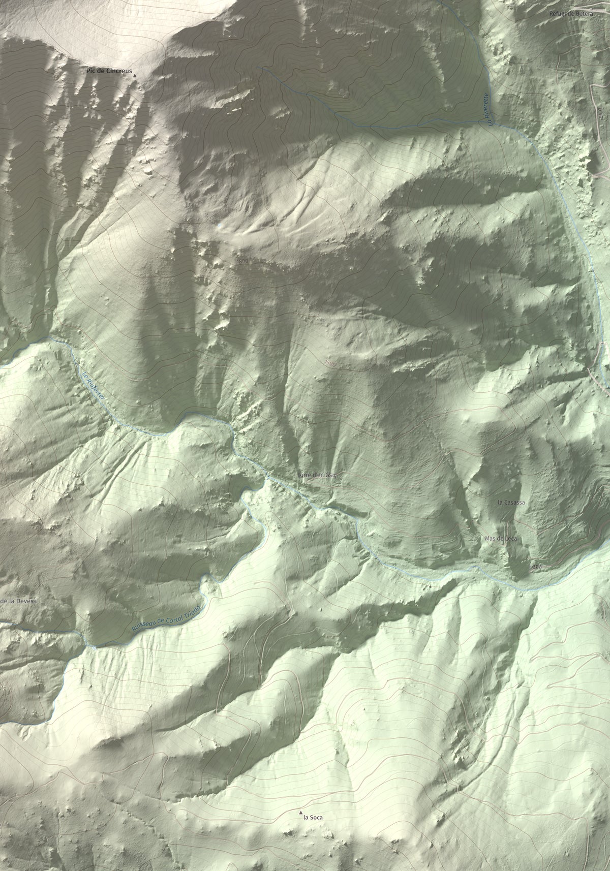 Mapa de relieve de Pic de Gallinassa, 2461 m, Conflent · Vallespir, lámina 100 Cims de Trobart. Detalle de la zona inferior derecha. 70 × 100 cm.