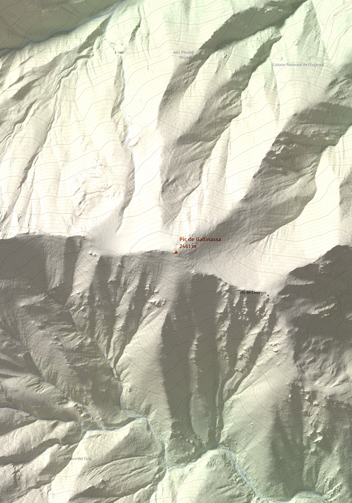 Mapa de relieve de Pic de Gallinassa, 2461 m, Conflent · Vallespir, lámina 100 Cims de Trobart. Detalle de la zona central. 70 × 100 cm.