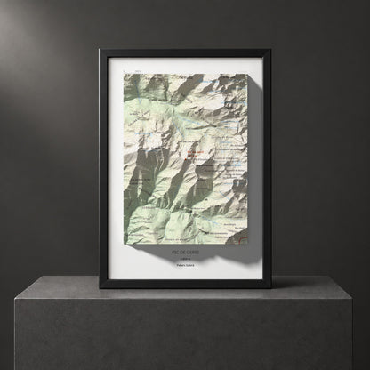 Mapa de relieve de Pic de Gerri, 2859 m, Pallars Sobirà, lámina 100 Cims de Trobart. Presentación enmarcada. 21 × 30 cm.