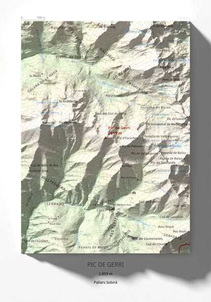Mapa de relieve de Pic de Gerri, 2859 m, Pallars Sobirà, lámina 100 Cims de Trobart 21 × 30 cm.