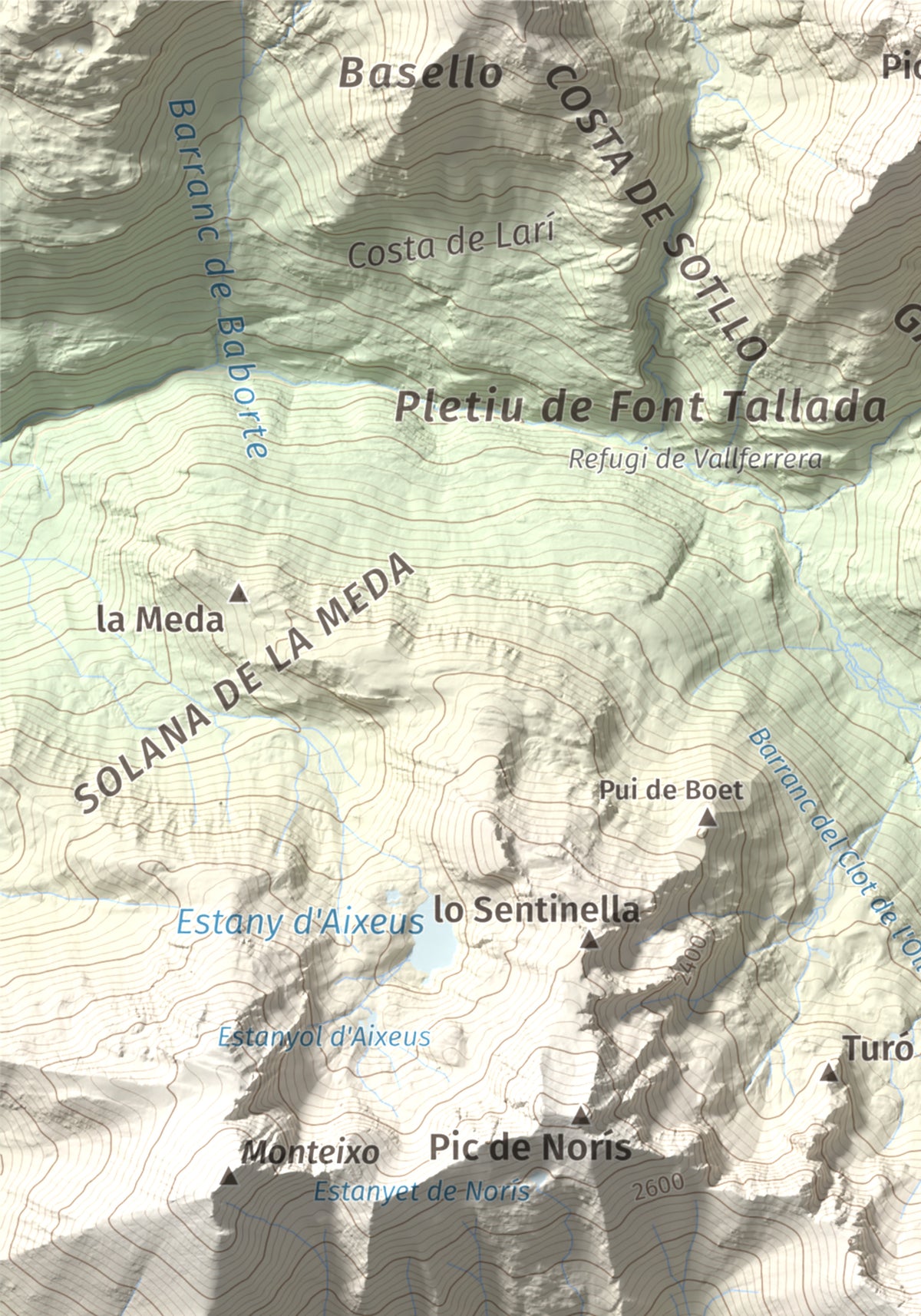 Mapa de relieve de Pic de Gerri, 2859 m, Pallars Sobirà, lámina 100 Cims de Trobart. Detalle de la zona superior izquierda. 21 × 30 cm.