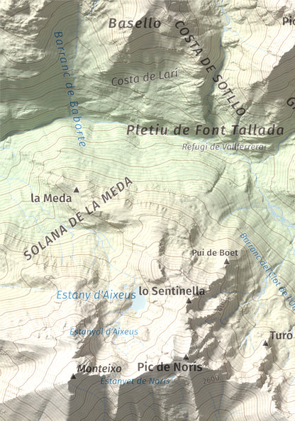 Mapa de relieve de Pic de Gerri, 2859 m, Pallars Sobirà, lámina 100 Cims de Trobart. Detalle de la zona superior izquierda. 21 × 30 cm.