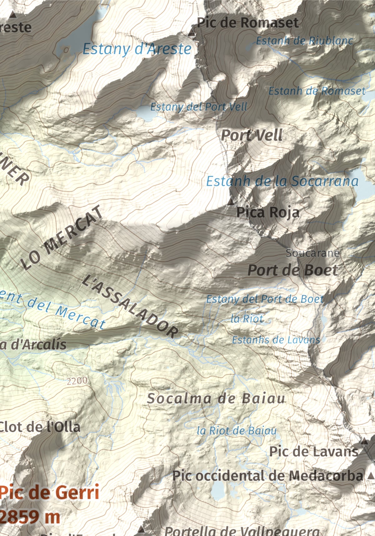 Mapa de relieve de Pic de Gerri, 2859 m, Pallars Sobirà, lámina 100 Cims de Trobart. Detalle de la zona superior derecha. 21 × 30 cm.