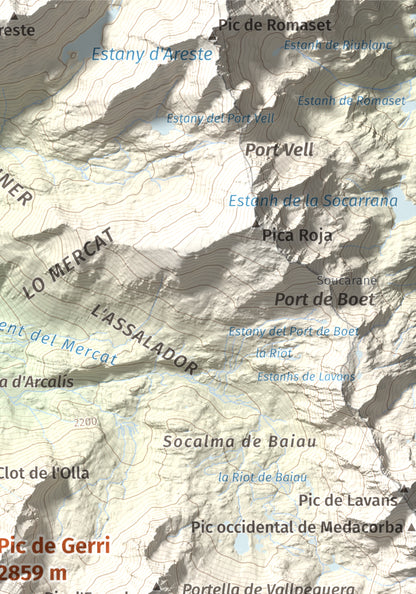 Mapa de relieve de Pic de Gerri, 2859 m, Pallars Sobirà, lámina 100 Cims de Trobart. Detalle de la zona superior derecha. 21 × 30 cm.
