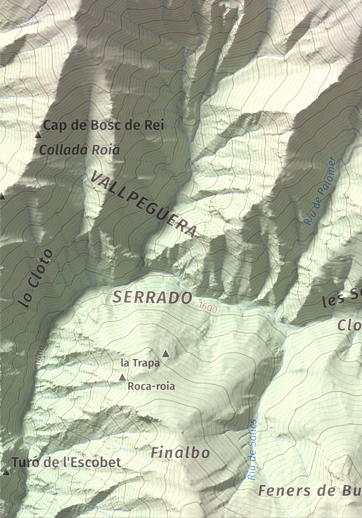 Mapa de relieve de Pic de Gerri, 2859 m, Pallars Sobirà, lámina 100 Cims de Trobart. Detalle de la zona inferior izquierda. 21 × 30 cm.