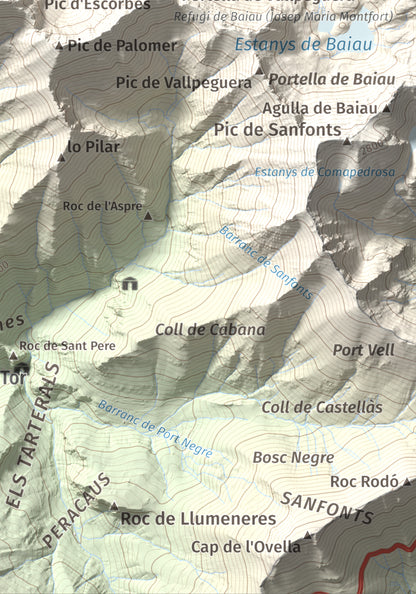 Mapa de relieve de Pic de Gerri, 2859 m, Pallars Sobirà, lámina 100 Cims de Trobart. Detalle de la zona inferior derecha. 21 × 30 cm.