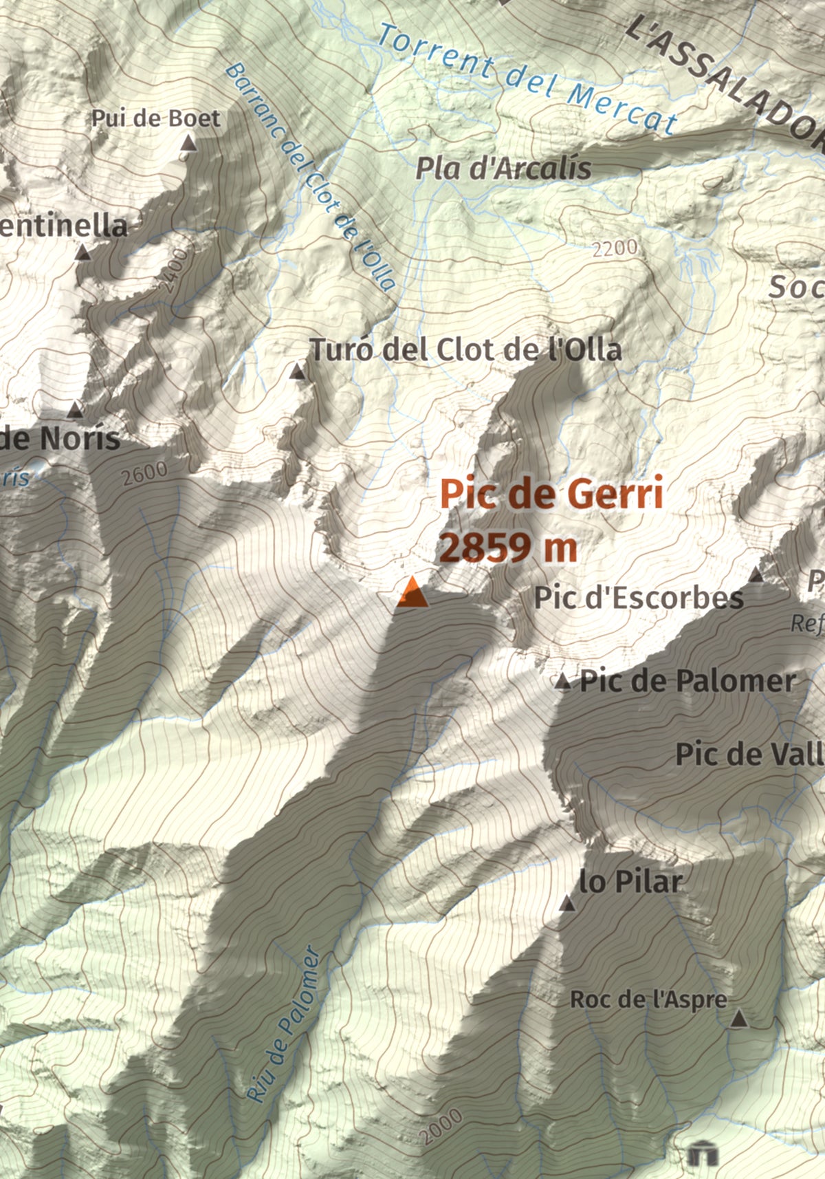 Mapa de relieve de Pic de Gerri, 2859 m, Pallars Sobirà, lámina 100 Cims de Trobart. Detalle de la zona central. 21 × 30 cm.