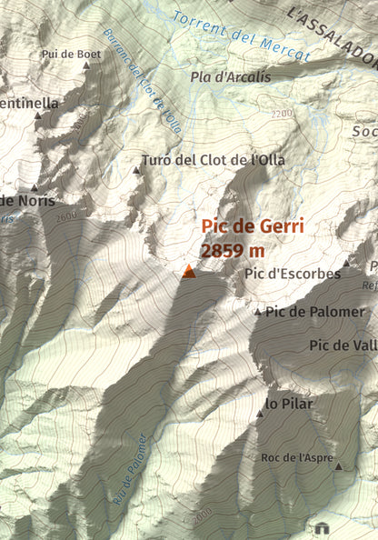 Mapa de relieve de Pic de Gerri, 2859 m, Pallars Sobirà, lámina 100 Cims de Trobart. Detalle de la zona central. 21 × 30 cm.